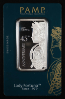 Pamp Suisse Lady Fortuna 45th Anniversary 1 Ounce 999.0 Fine Silver Bullion Bar in Assay at PristineAuction.com