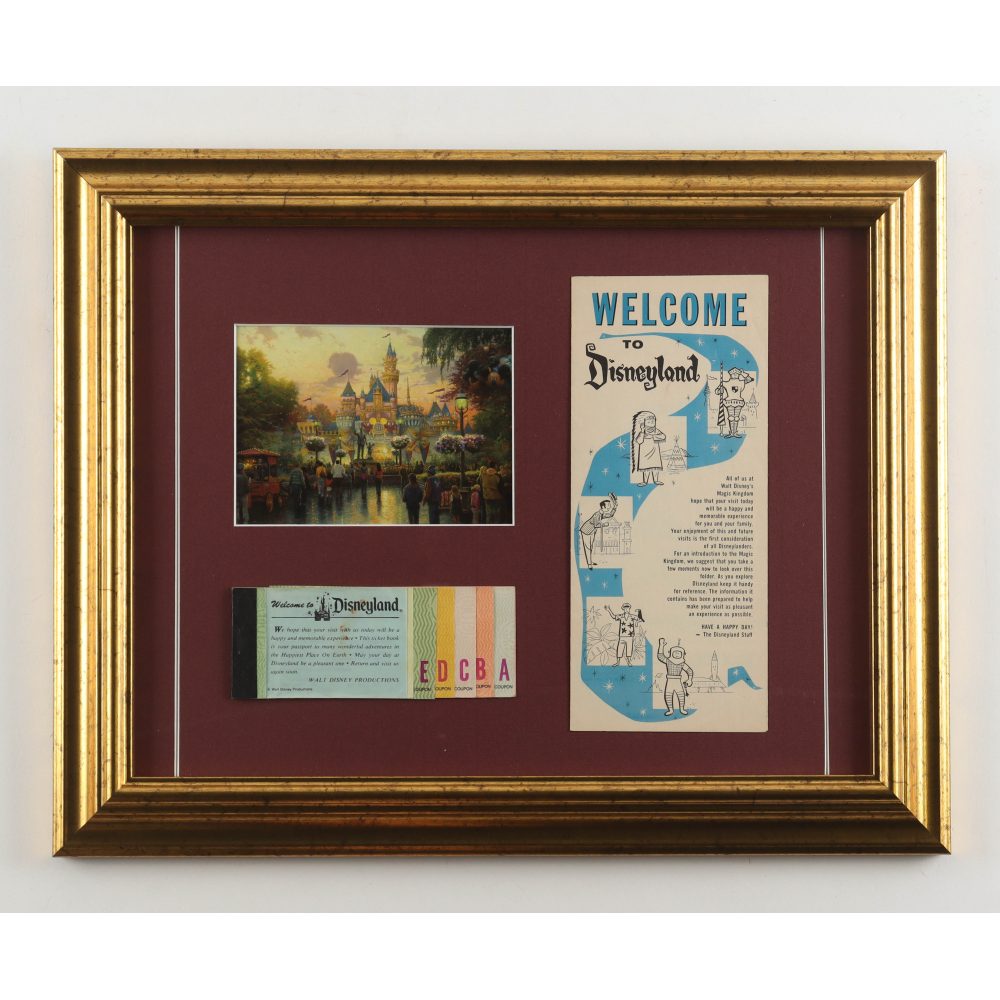 Thomas Kinkade Disneyland Custom Framed Art Print Display With Vintage Ticket Book & Welcome Pamphlet at PristineAuction.com