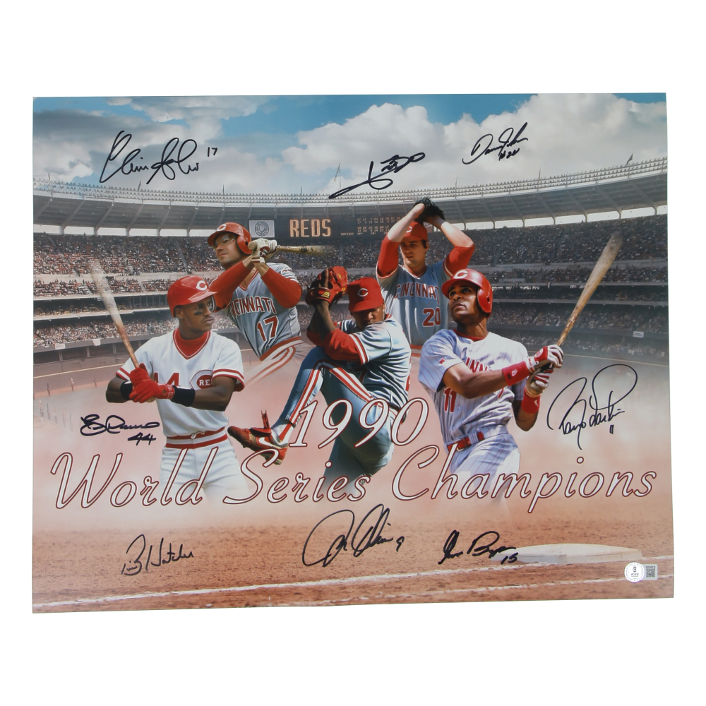 1990 Reds World Series Champions 16x20 Photo Signed By (8) with Barry Larkin, Jose Rijo, Chris Sabo, Eric Davis (Beckett) at PristineAuction.com