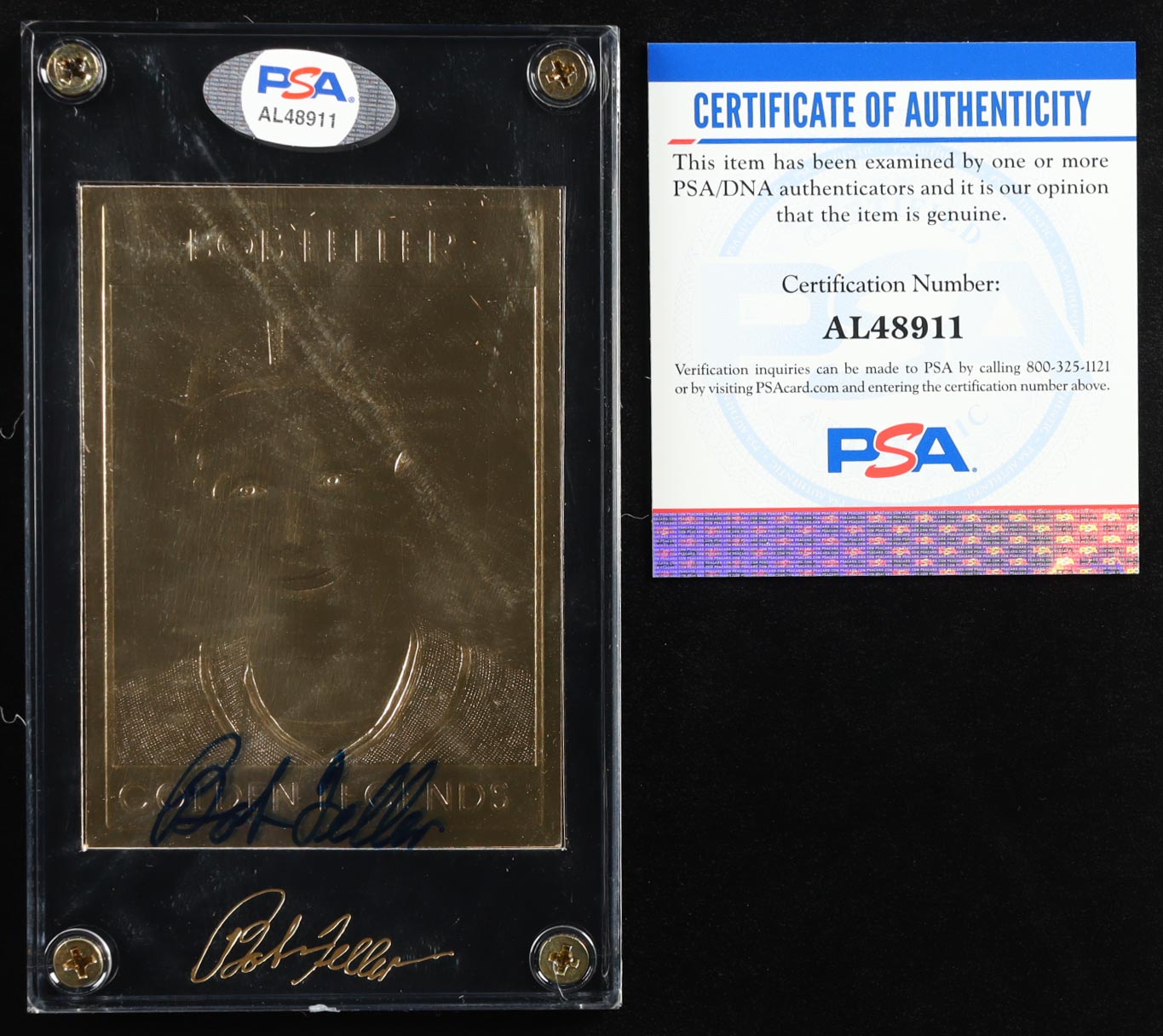 Bob Feller Signed 1996 Golden Legends 23Kt Gold #GL7 (PSA) at PristineAuction.com Bob Feller Signed 1996 Golden Legends 23Kt Gold #GL7 (PSA) at PristineAuction.com
