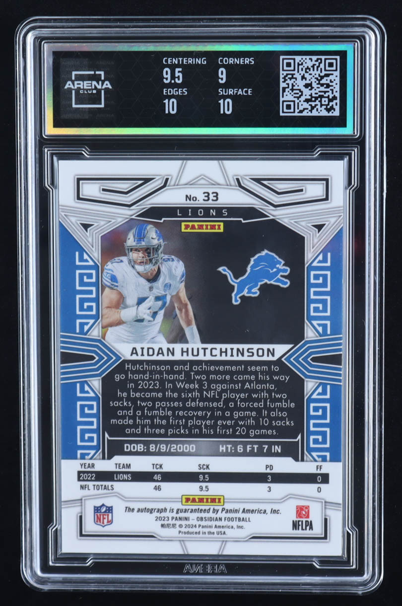 Aidan Hutchinson 2023 Panini Obsidian Signatures #33 (Arena Club 9.5 | Autograph Graded 10) at PristineAuction.com Aidan Hutchinson 2023 Panini Obsidian Signatures #33 (Arena Club 9.5 | Autograph Graded 10) at PristineAuction.com