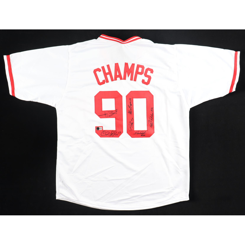 1990 World Series Cincinnati Reds Team-Signed Jersey by (6) with Barry Larkin, Jose Rijo, Chris Sabo, Joe Oliver (Beckett) at PristineAuction.com