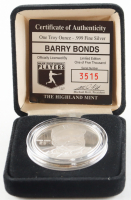 Barry Bonds LE The Highland Mint 1 Troy Oz .999 Fine Silver Commemorative Bullion Round at PristineAuction.com