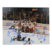 1980 USA Olympic Hockey Team 16x20 Photo Signed By (18) with Dave Silk & John Harrington Inscribed "Do You Believe In Miracles?" (Beckett) at PristineAuction.com