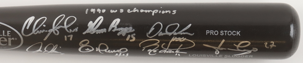 Reds Louisville Slugger Baseball Bat Signed By (8) With Barry Larkin, Eric Davis, Jose Rijo, Chris Sabo Inscribed "1990 WS Champions" (Beckett) at PristineAuction.com Reds Louisville Slugger Baseball Bat Signed By (8) With Barry Larkin, Eric Davis, Jose Rijo, Chris Sabo Inscribed "1990 WS Champions" (Beckett) at PristineAuction.com
