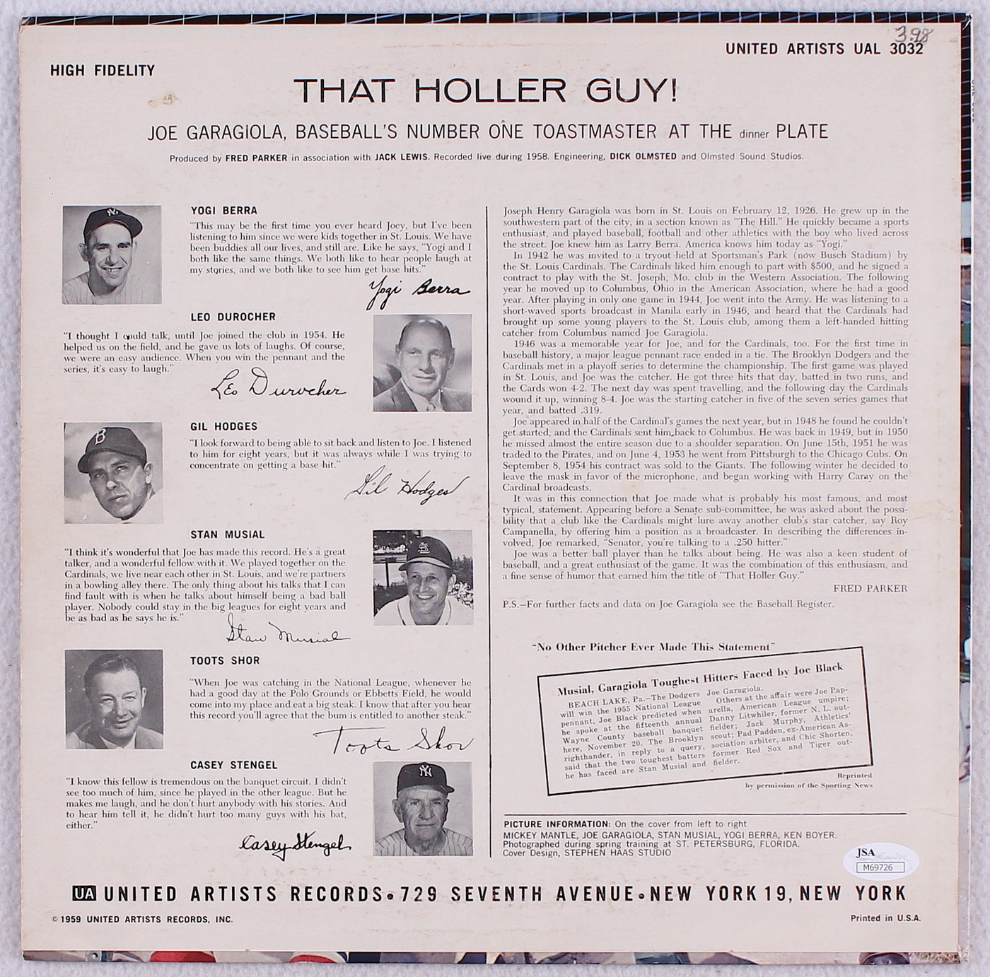 "That Holler Guy!" Record Album Signed by Joe Garagiola & Stan Musial (JSA COA & Musial COA) at PristineAuction.com "That Holler Guy!" Record Album Signed by Joe Garagiola & Stan Musial (JSA COA & Musial COA) at PristineAuction.com