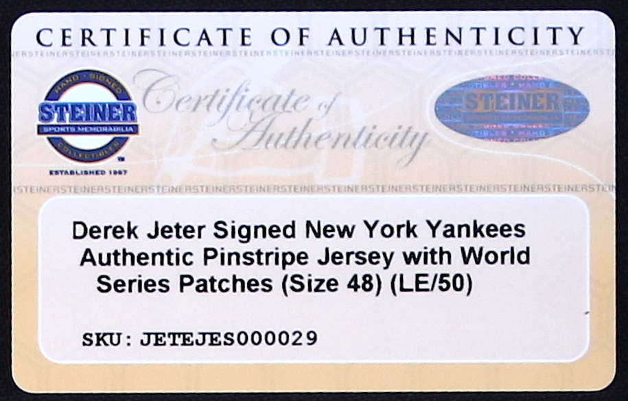 Derek Jeter Signed LE Yankees Authentic Majestic Jersey with (5) World Series Patches (Steiner COA & MLB Hologram) at PristineAuction.com Derek Jeter Signed LE Yankees Authentic Majestic Jersey with (5) World Series Patches (Steiner COA & MLB Hologram) at PristineAuction.com