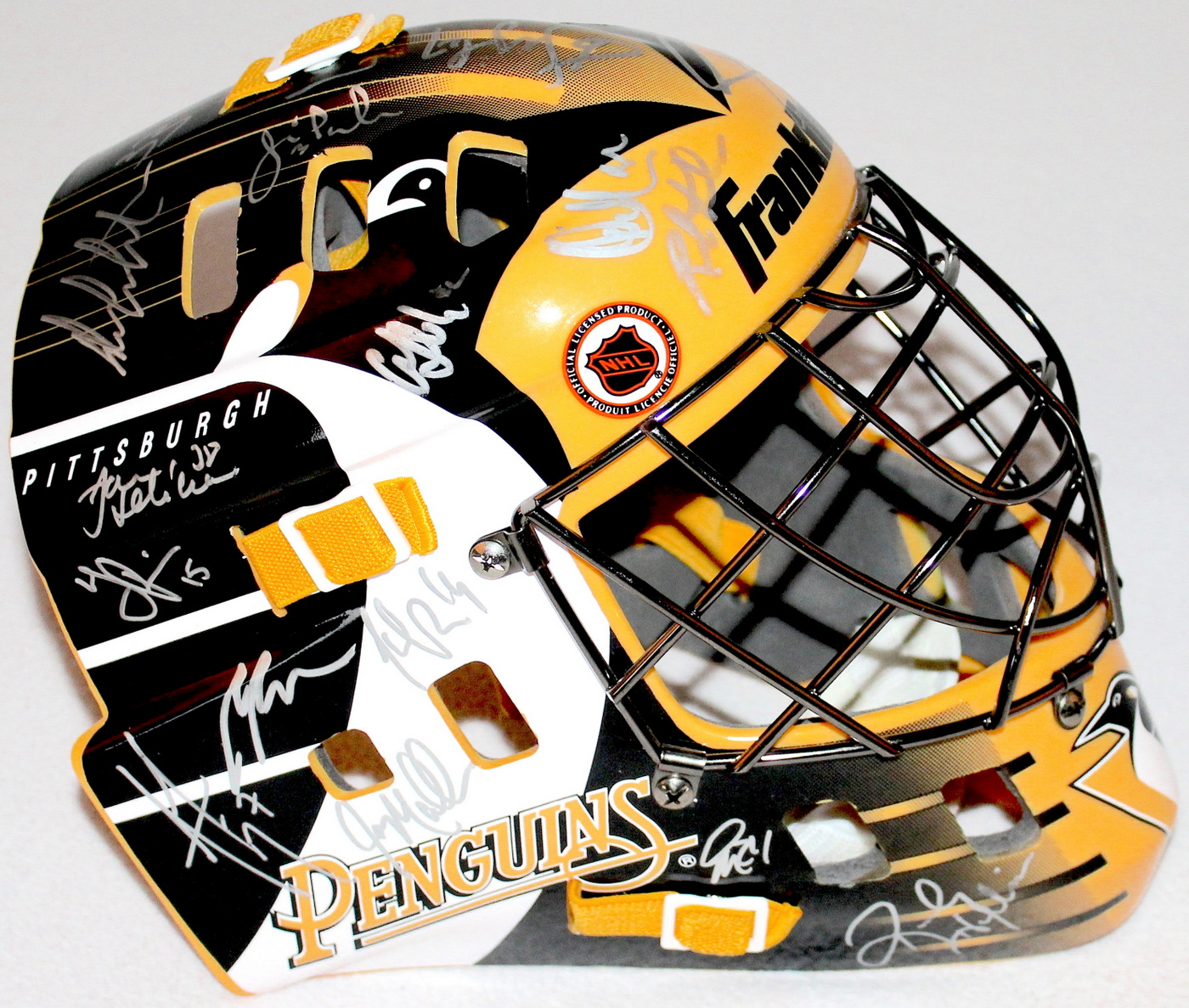 Pittsburgh Penguins Team-Signed Goalie Mask Signed by (30) with Mario Lemieux, Mark Letestu, Andrew Ference, Joe Mullen, Randy Hillier, Jim Paek, Johan Hedberg, Jean-Sebastien Aubin, Brooks Orpik (JSA ALOA) at PristineAuction.com Pittsburgh Penguins Team-Signed Goalie Mask Signed by (30) with Mario Lemieux, Mark Letestu, Andrew Ference, Joe Mullen, Randy Hillier, Jim Paek, Johan Hedberg, Jean-Sebastien Aubin, Brooks Orpik (JSA ALOA) at PristineAuction.com