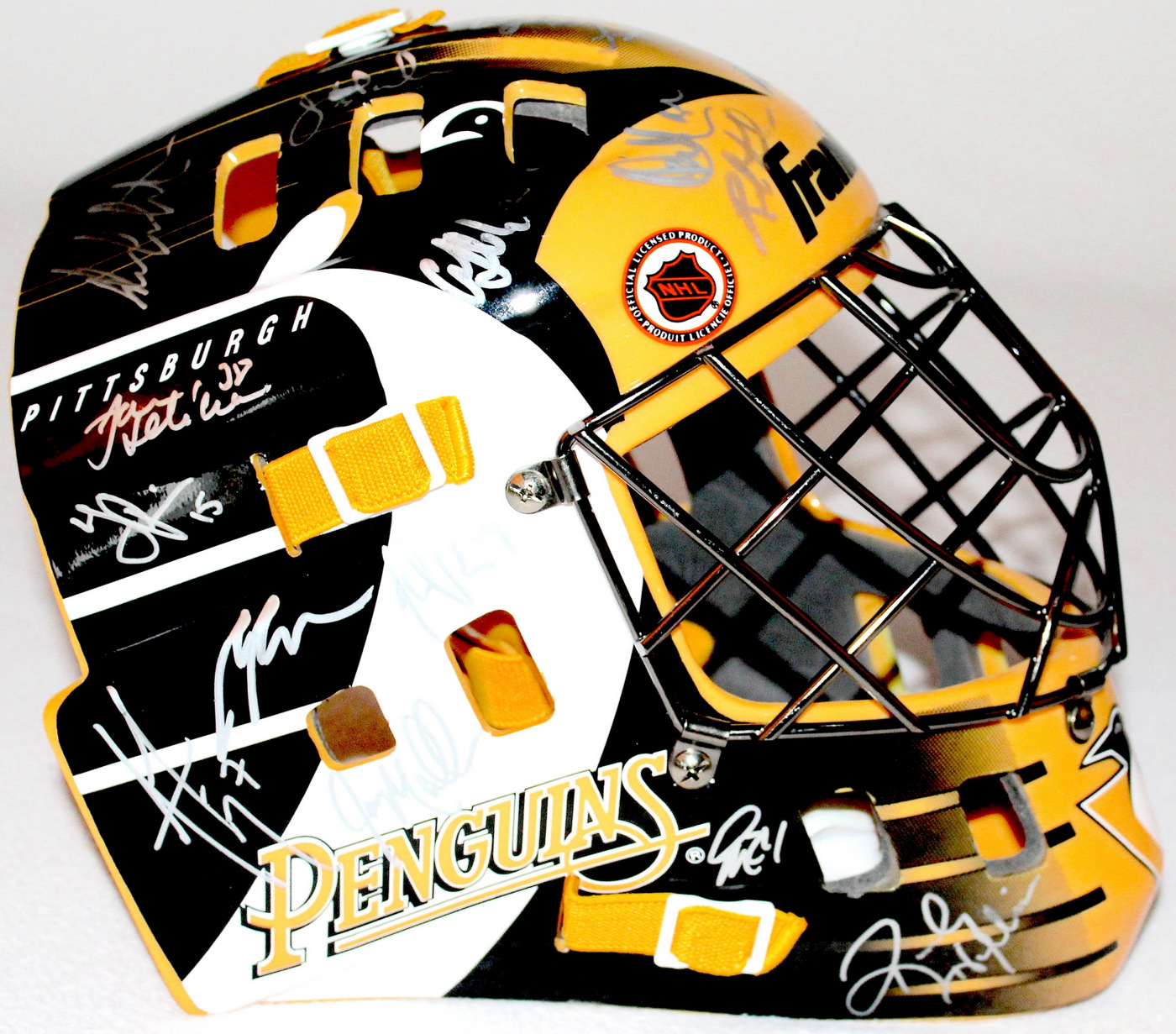 Pittsburgh Penguins Team-Signed Goalie Mask Signed by (30) with Mario Lemieux, Mark Letestu, Andrew Ference, Joe Mullen, Randy Hillier, Jim Paek, Johan Hedberg, Jean-Sebastien Aubin, Brooks Orpik (JSA ALOA) at PristineAuction.com Pittsburgh Penguins Team-Signed Goalie Mask Signed by (30) with Mario Lemieux, Mark Letestu, Andrew Ference, Joe Mullen, Randy Hillier, Jim Paek, Johan Hedberg, Jean-Sebastien Aubin, Brooks Orpik (JSA ALOA) at PristineAuction.com