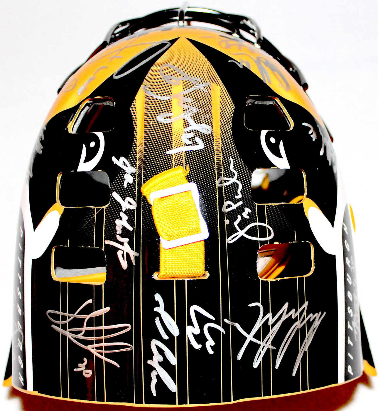 Pittsburgh Penguins Team-Signed Goalie Mask Signed by (30) with Mario Lemieux, Mark Letestu, Andrew Ference, Joe Mullen, Randy Hillier, Jim Paek, Johan Hedberg, Jean-Sebastien Aubin, Brooks Orpik (JSA ALOA) at PristineAuction.com Pittsburgh Penguins Team-Signed Goalie Mask Signed by (30) with Mario Lemieux, Mark Letestu, Andrew Ference, Joe Mullen, Randy Hillier, Jim Paek, Johan Hedberg, Jean-Sebastien Aubin, Brooks Orpik (JSA ALOA) at PristineAuction.com