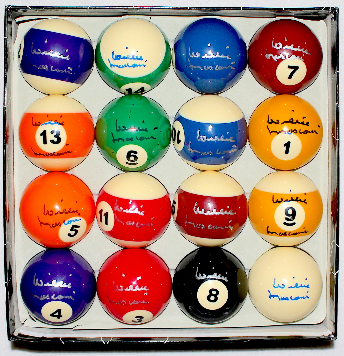 Set of (16) Willie Mosconi Signed Pool Balls (JSA ALOA) at PristineAuction.com Set of (16) Willie Mosconi Signed Pool Balls (JSA ALOA) at PristineAuction.com