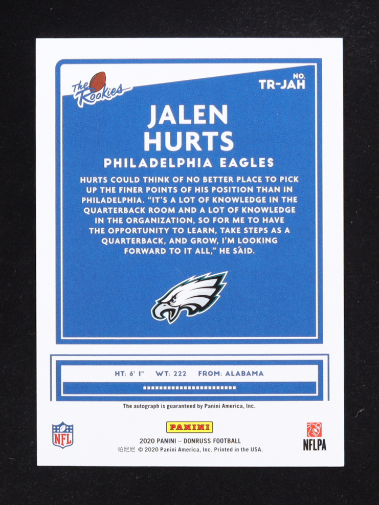 Jalen Hurts 2020 Donruss The Rookies Autographs #14 RC #74/249 at PristineAuction.com Jalen Hurts 2020 Donruss The Rookies Autographs #14 RC #74/249 at PristineAuction.com