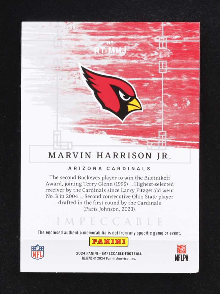 Marvin Harrison Jr. 2024 Panini Impeccable Rookie Towels Silver #19 RC #23/25 at PristineAuction.com Marvin Harrison Jr. 2024 Panini Impeccable Rookie Towels Silver #19 RC #23/25 at PristineAuction.com