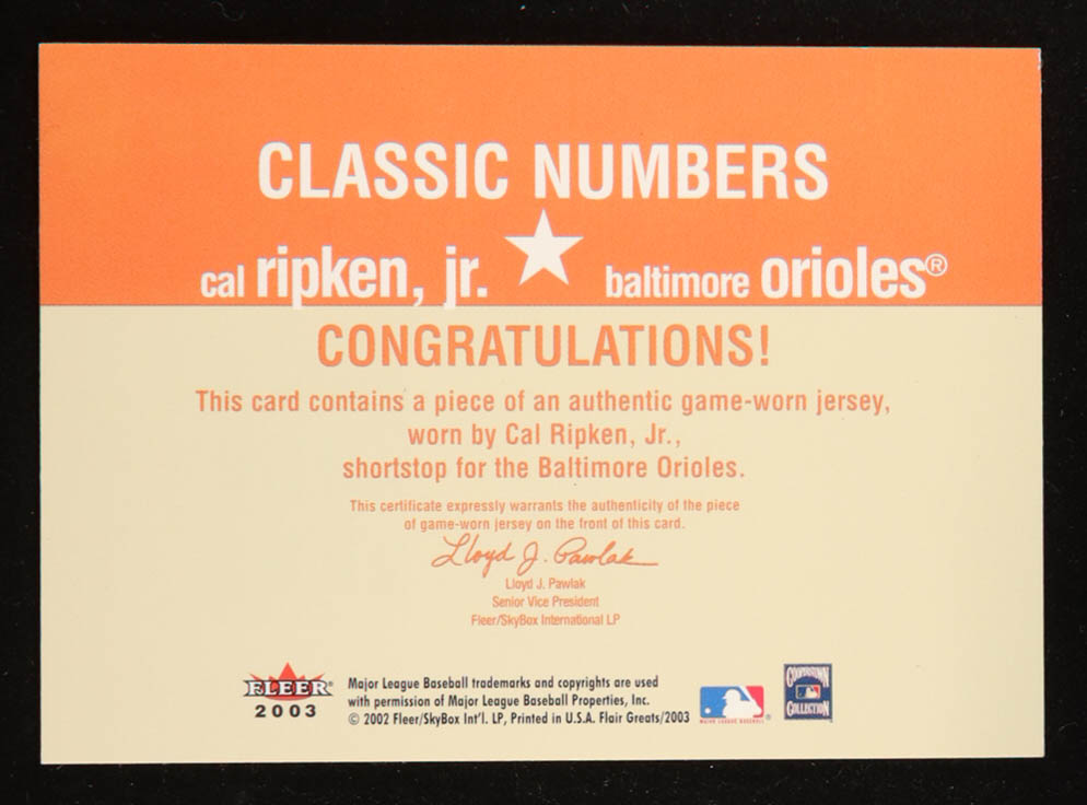 Cal Ripken 2003 Flair Greats Classic Numbers Game Used #8 Jersey ...