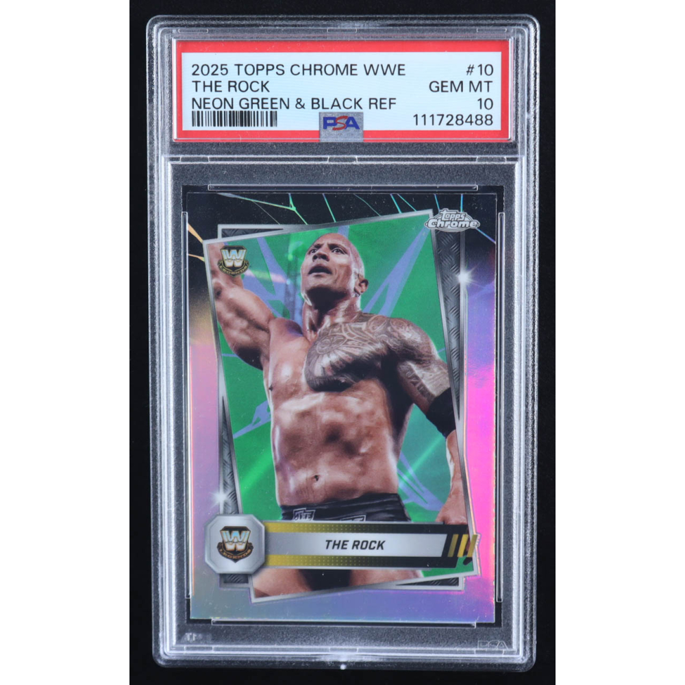 The Rock 2025 Topps Chrome WWE Neon Green and Black Refractors #10 (PSA 10) at PristineAuction.com