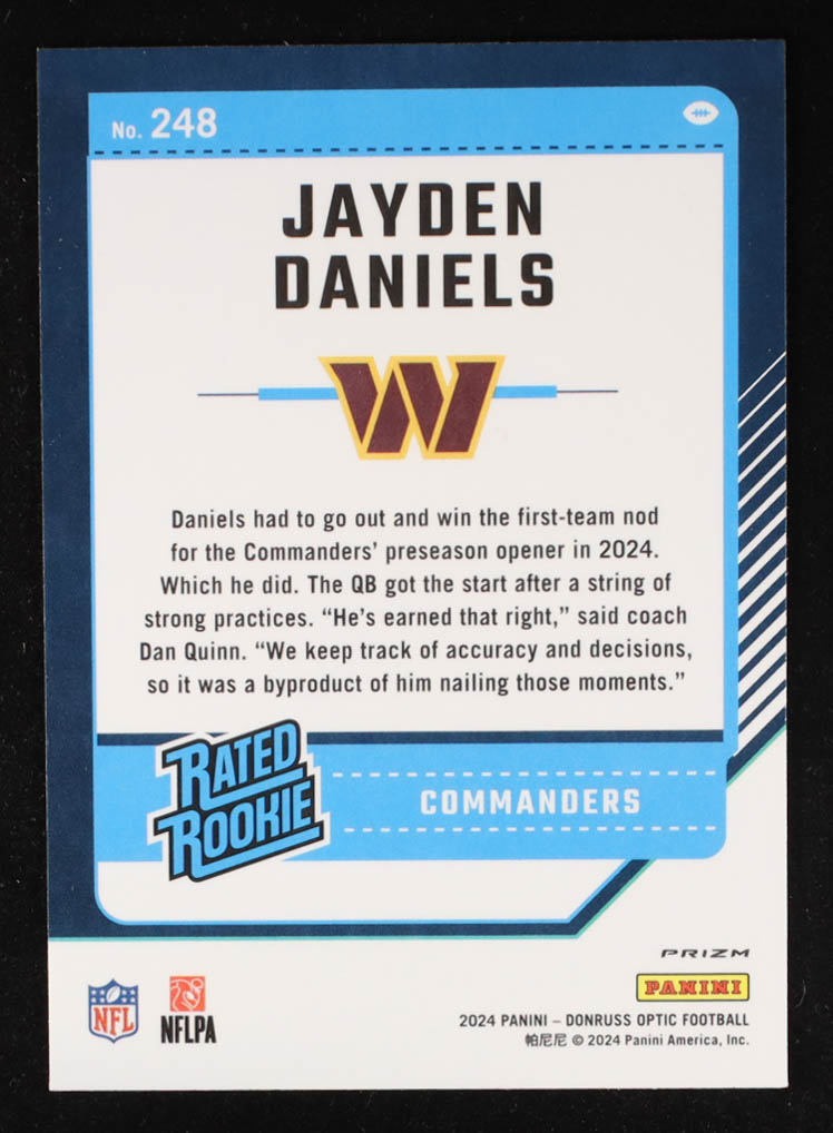 Jayden Daniels 2024 Donruss Optic Blue Scope #248 RR RC at PristineAuction.com Jayden Daniels 2024 Donruss Optic Blue Scope #248 RR RC at PristineAuction.com