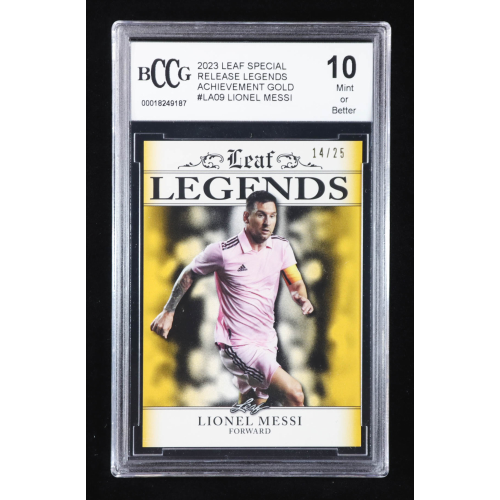 Lionel Messi 2023 Leaf Special Release Legends Achievement Gold #LA09 #14/25 (BCCG 10) at PristineAuction.com