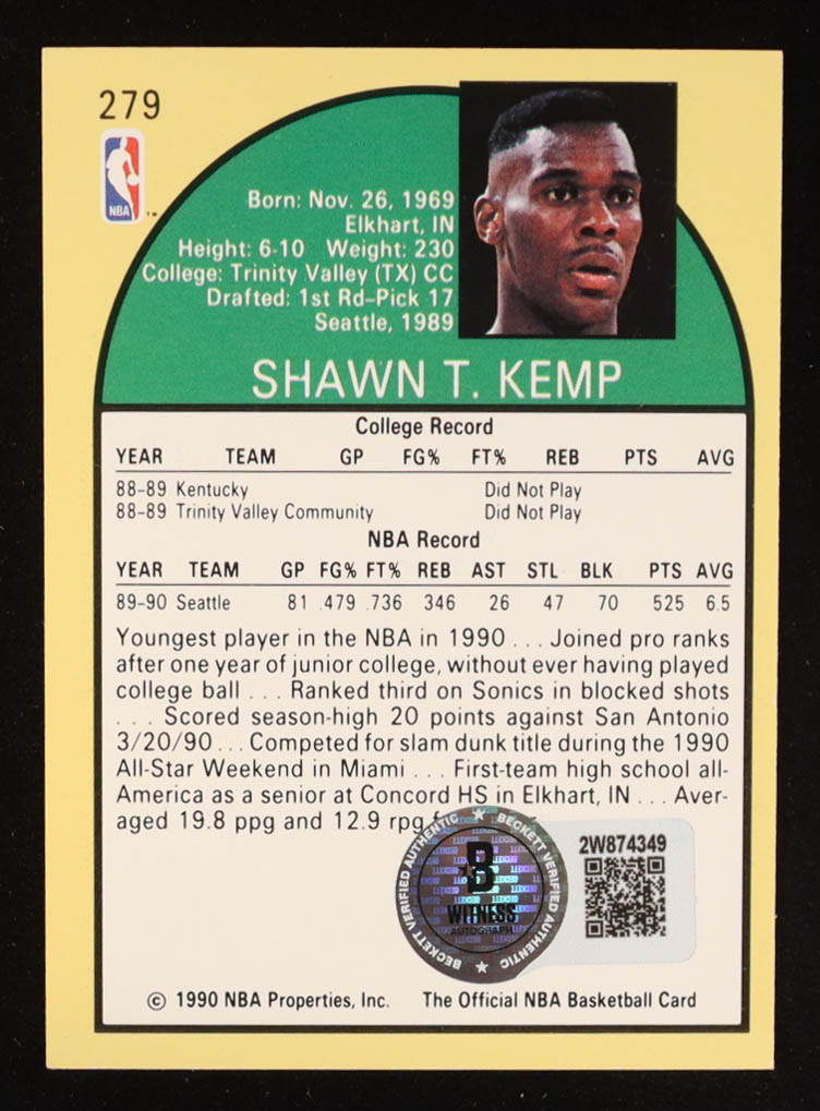 Shawn Kemp Signed 1990-91 Hoops #279 RC (Beckett) at PristineAuction.com Shawn Kemp Signed 1990-91 Hoops #279 RC (Beckett) at PristineAuction.com