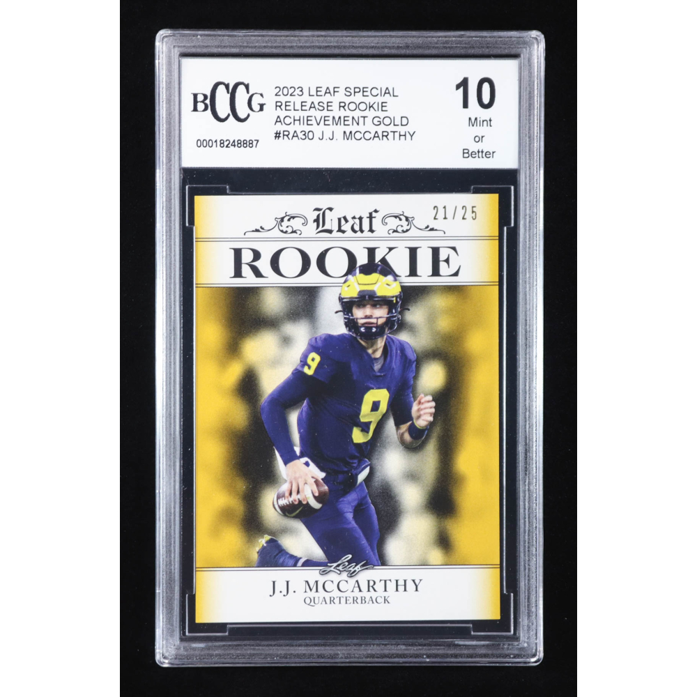 J.J. McCarthy 2023 Leaf Special Release Rookie Achievement Gold #RA30 RC #21/25 (BCCG 10) at PristineAuction.com