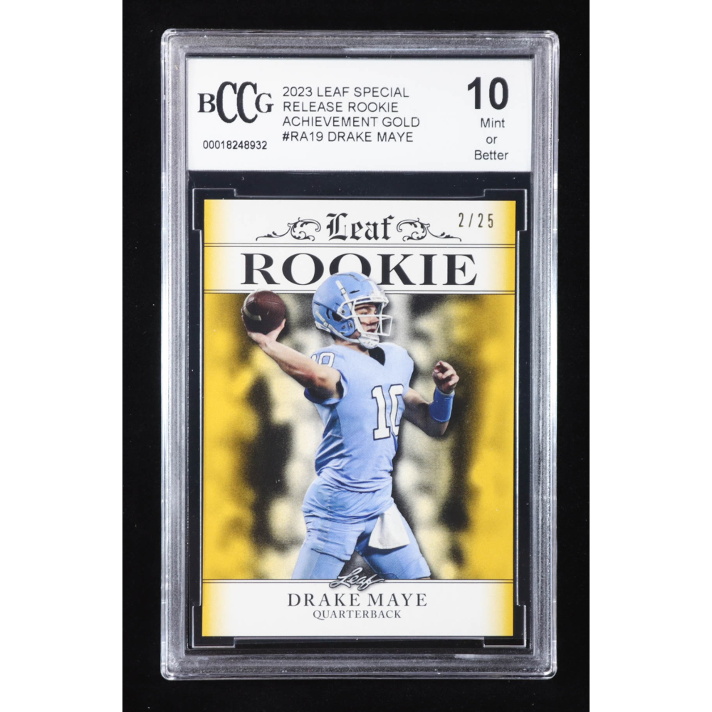 Drake Maye 2023 Leaf Special Release Rookie Achievement Gold #RA19 RC #2/25 (BCCG 10) at PristineAuction.com