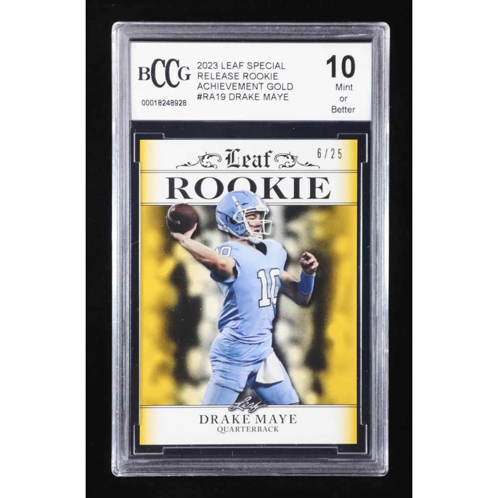 Drake Maye 2023 Leaf Special Release Rookie Achievement Gold #RA19 RC #6/25 (BCCG 10) at PristineAuction.com