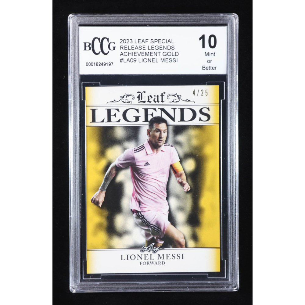 Lionel Messi 2023 Leaf Special Release Legends Achievement Gold #LA09 #4/25 (BCCG 10) at PristineAuction.com Lionel Messi 2023 Leaf Special Release Legends Achievement Gold #LA09 #4/25 (BCCG 10) at PristineAuction.com