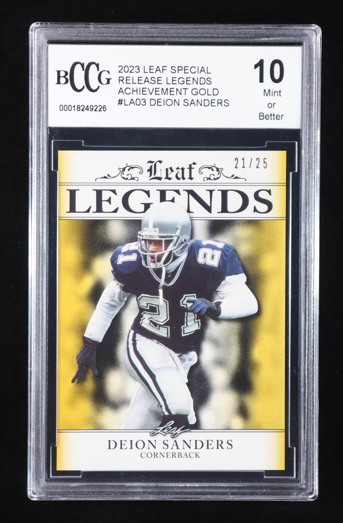 Deion Sanders 2023 Leaf Special Release Legends Achievement Gold #LA03 #21/25 (BCCG 10) at PristineAuction.com Deion Sanders 2023 Leaf Special Release Legends Achievement Gold #LA03 #21/25 (BCCG 10) at PristineAuction.com
