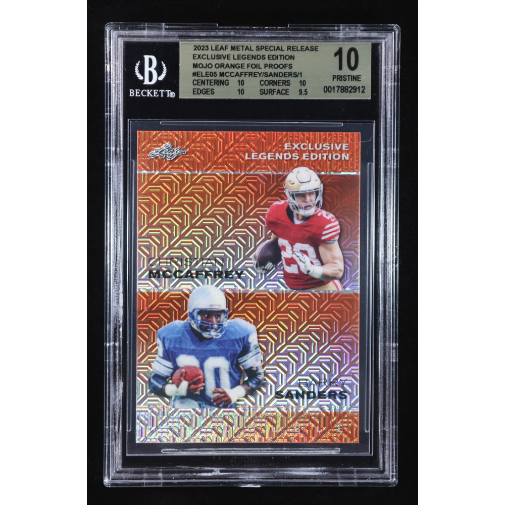 Christian McCaffrey/Barry Sanders 2023 Leaf Metal Special Release Exclusive Legends Edition Mojo Orange Foil Proofs #ELE05 #1/1 (BGS 10) at PristineAuction.com