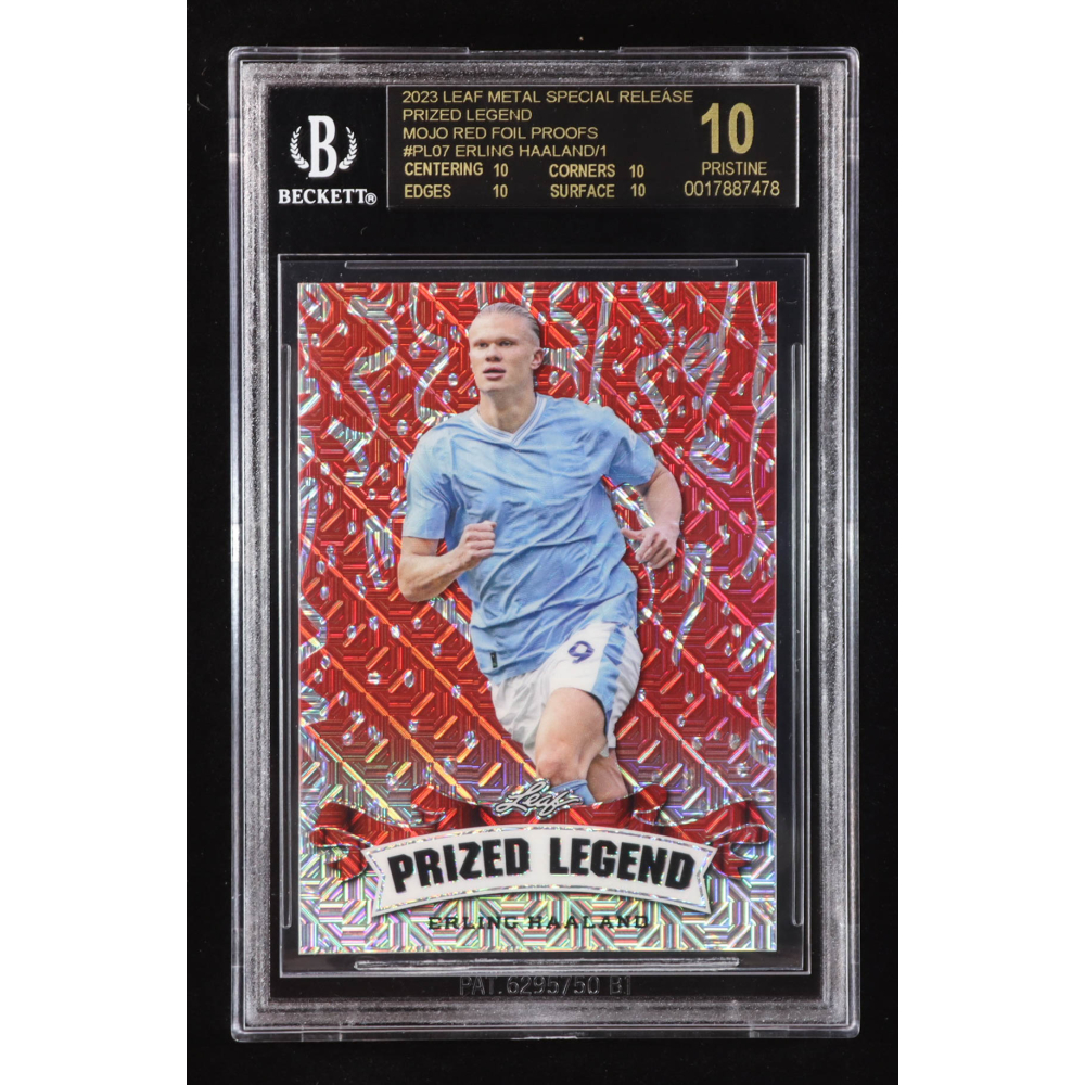 Erling Haaland 2023 Leaf Metal Special Release Prized Legend Mojo Red Foil Proofs #PL07 #1/1 (BGS 10 | Pristine Black Label) at PristineAuction.com