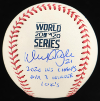 Walker Buehler Signed LE Official 2020 World Series Logo Baseball Inscribed "2020 WS Champs", "GM 3 Winner" & "10K's" (PSA) at PristineAuction.com