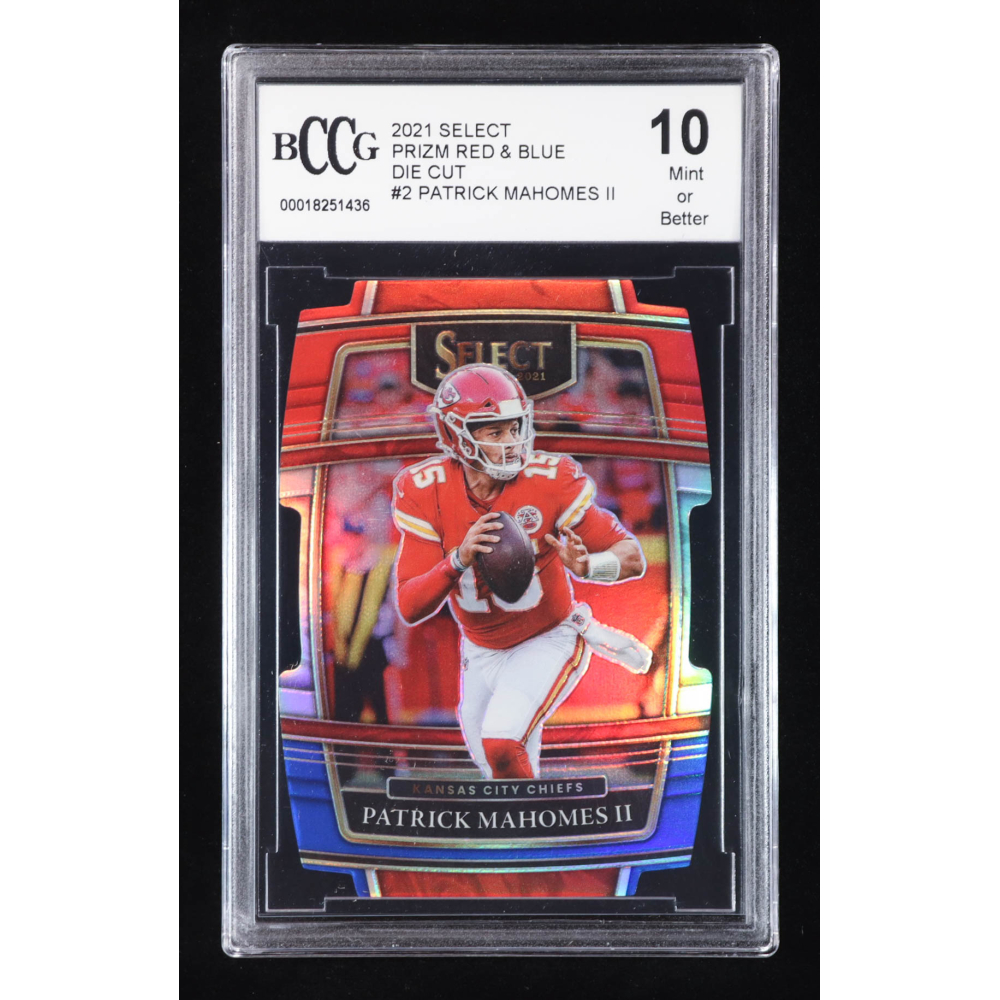 Patrick Mahomes II 2021 Select Prizm Red and Blue Die Cut #2 (BCCG 10) at PristineAuction.com