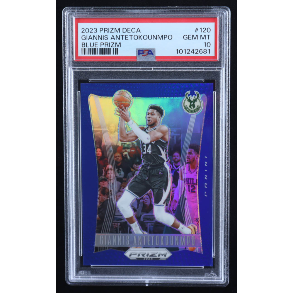 Giannis Antetokounmpo 2023-24 Panini Prizm Deca Prizms Blue #120 #021/149 (PSA 10) at PristineAuction.com