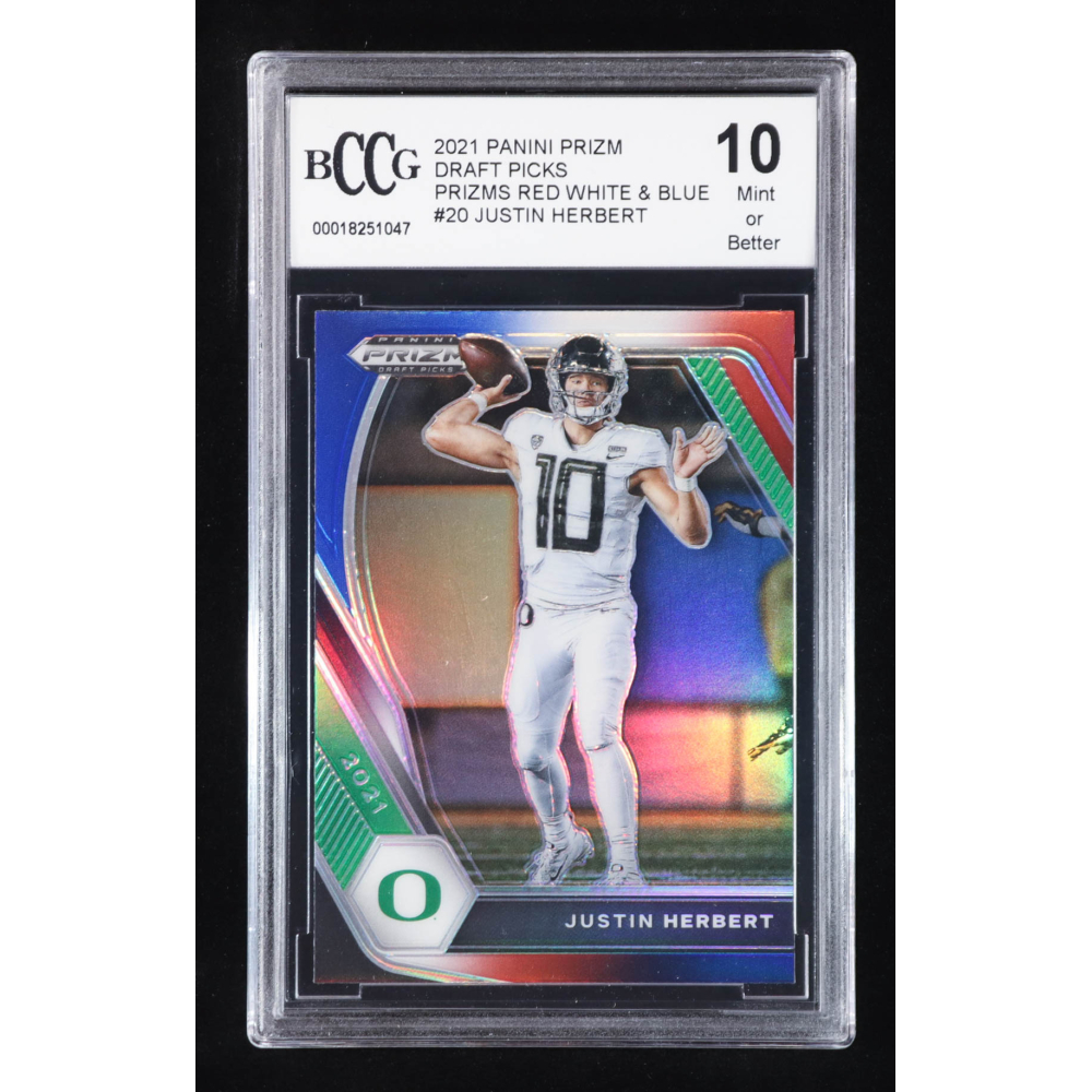 Justin Herbert 2021 Panini Prizm Draft Picks Prizms Red White and Blue #20 (BCCG 10) at PristineAuction.com