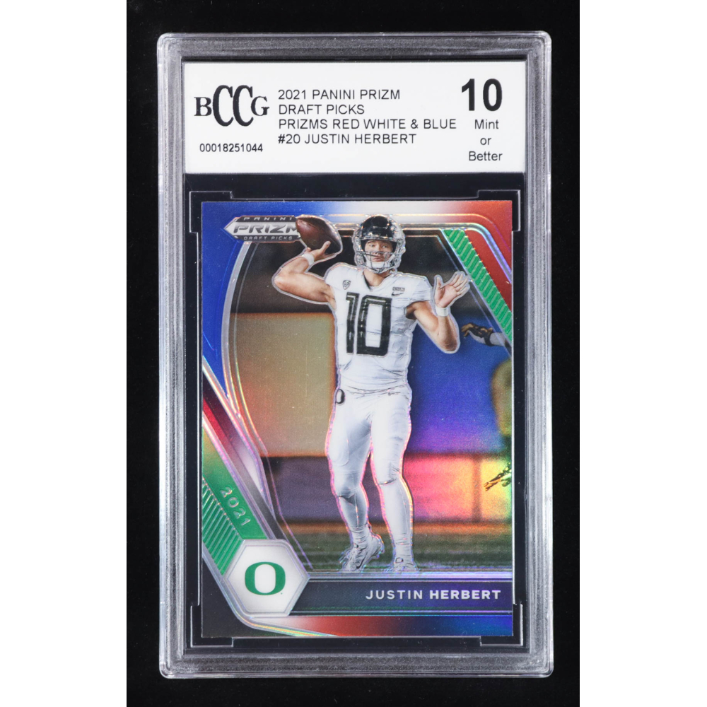 Justin Herbert 2021 Panini Prizm Draft Picks Prizms Red White and Blue #20 (BCCG 10) at PristineAuction.com