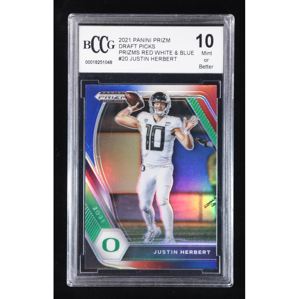 Justin Herbert 2021 Panini Prizm Draft Picks Prizms Red White and Blue #20 (BCCG 10) at PristineAuction.com