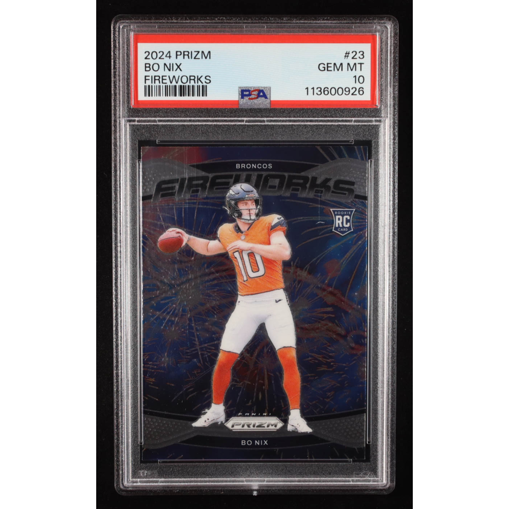 Bo Nix 2024 Panini Prizm Fireworks #23 RC (PSA 10) at PristineAuction.com