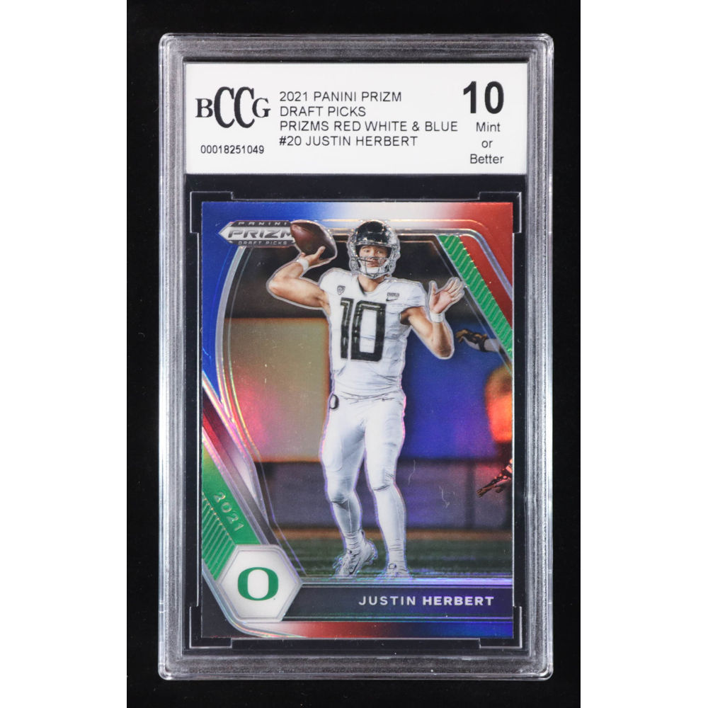 Justin Herbert 2021 Panini Prizm Draft Picks Prizms Red White and Blue #20 (BCCG 10) at PristineAuction.com