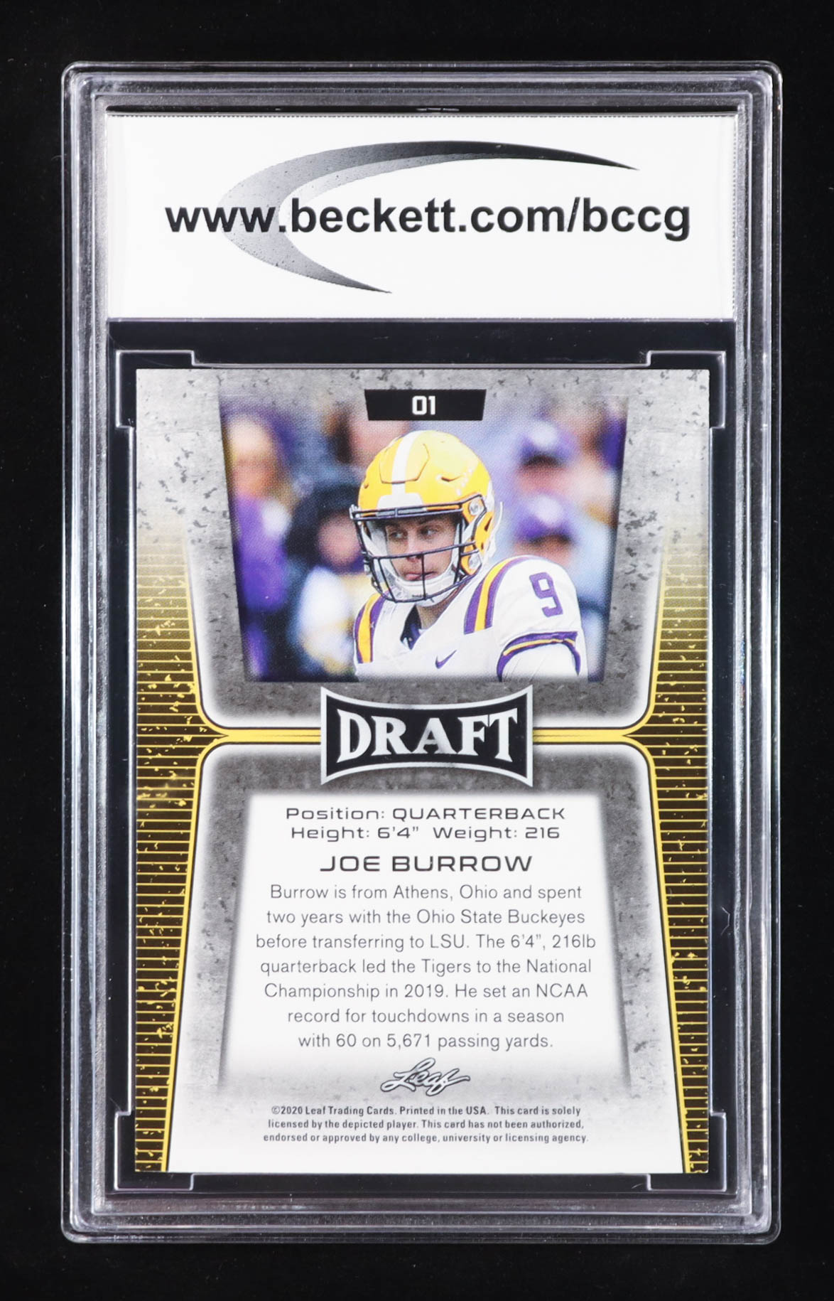 Joe Burrow 2020 Leaf Draft Gold #1 RC (BCCG 10) at PristineAuction.com Joe Burrow 2020 Leaf Draft Gold #1 RC (BCCG 10) at PristineAuction.com