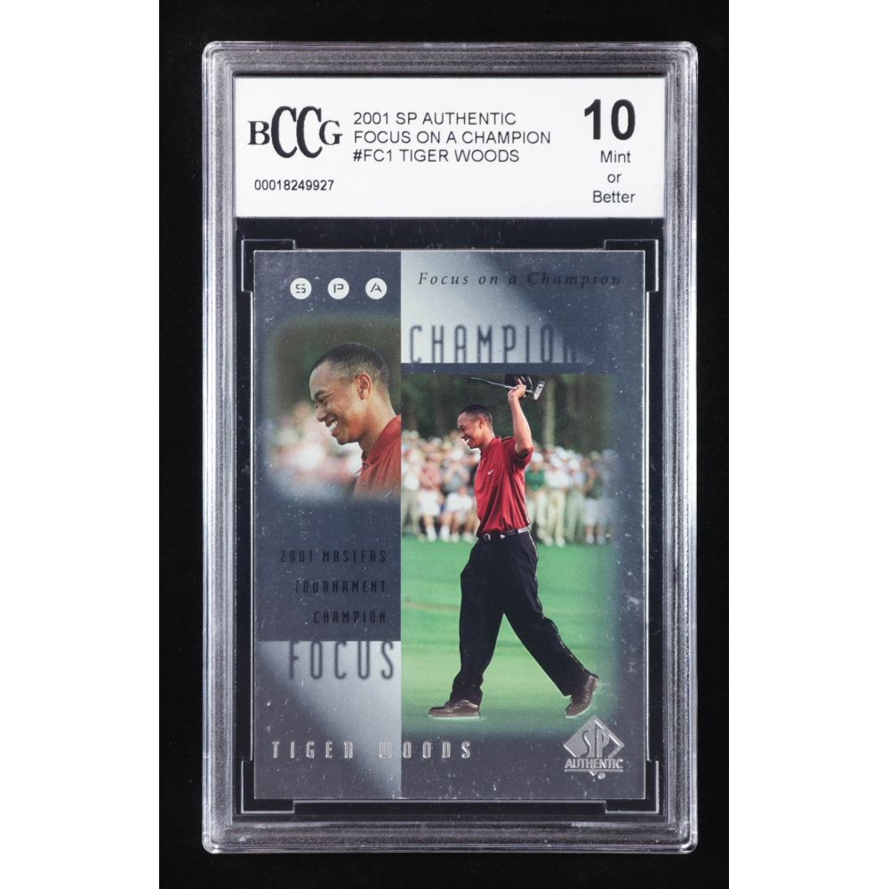 Tiger Woods 2001 SP Authentic Focus on a Champion #FC1 RC (BCCG 10) at PristineAuction.com