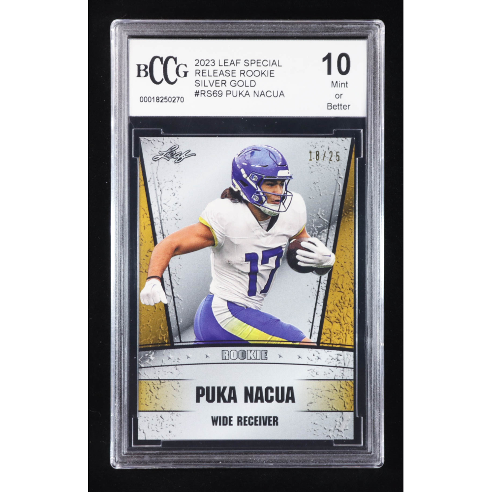 Puka Nacua 2023 Leaf Special Release Rookie Silver Gold #RS69 RC #18/25 (BCCG 10) at PristineAuction.com