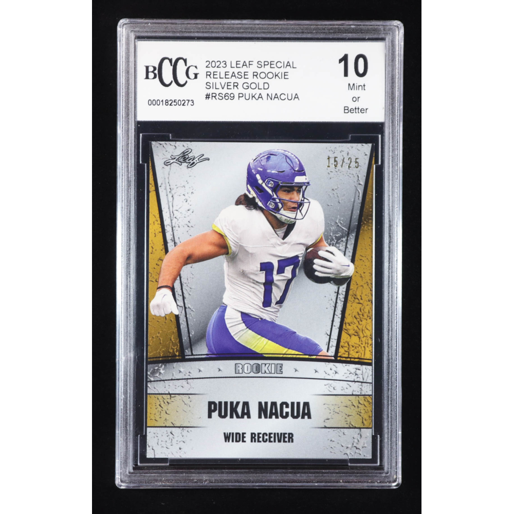 Puka Nacua 2023 Leaf Special Release Rookie Silver Gold #RS69 RC #15/25 (BCCG 10) at PristineAuction.com