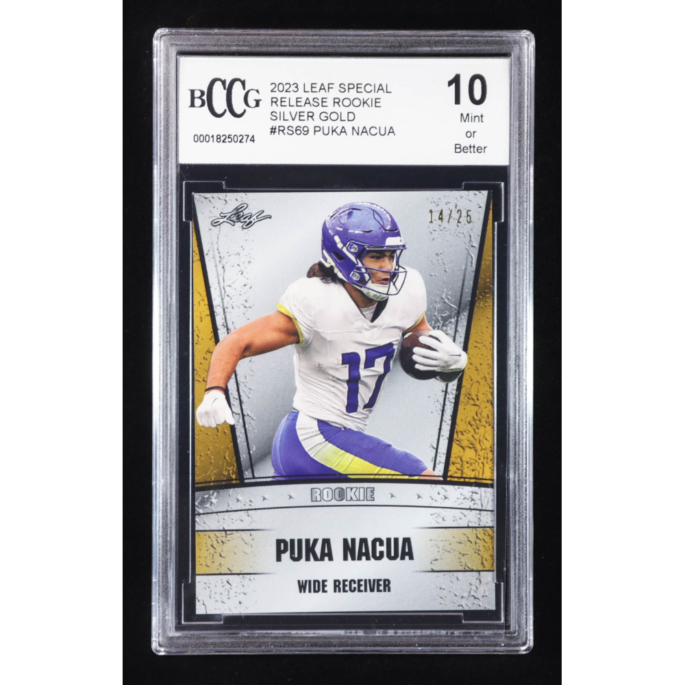 Puka Nacua 2023 Leaf Special Release Rookie Silver Gold #RS69 RC #14/25 (BCCG 10) at PristineAuction.com