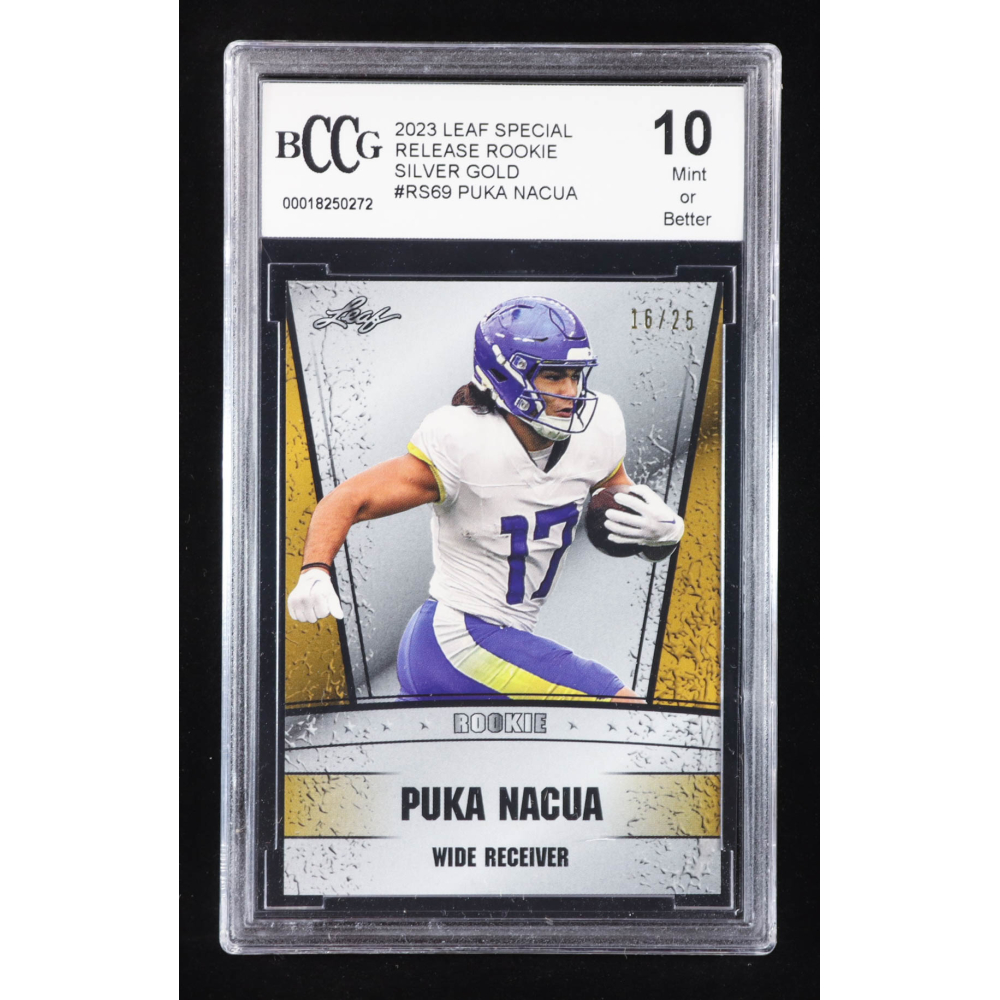 Puka Nacua 2023 Leaf Special Release Rookie Silver Gold #RS69 RC #16/25 (BCCG 10) at PristineAuction.com