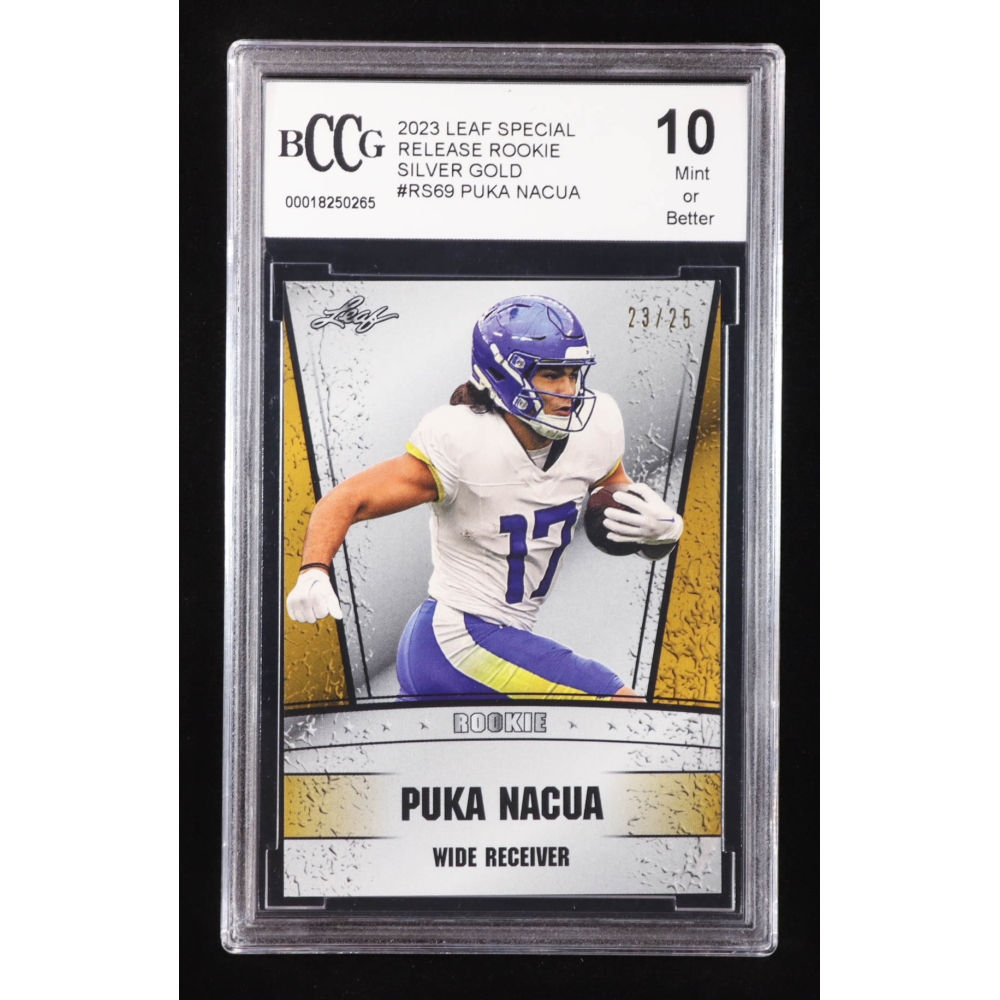 Puka Nacua 2023 Leaf Special Release Rookie Silver Gold #RS69 RC #23/25 (BCCG 10) at PristineAuction.com