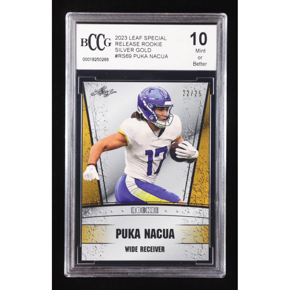 Puka Nacua 2023 Leaf Special Release Rookie Silver Gold #RS69 RC #22/25 (BCCG 10) at PristineAuction.com