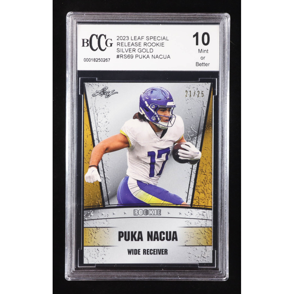 Puka Nacua 2023 Leaf Special Release Rookie Silver Gold #RS69 RC #21/25 (BCCG 10) at PristineAuction.com