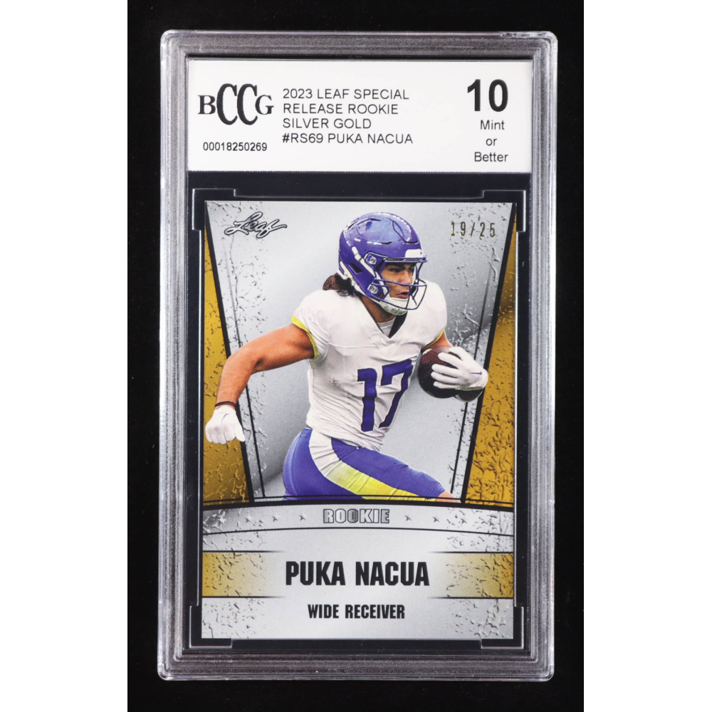 Puka Nacua 2023 Leaf Special Release Rookie Silver Gold #RS69 RC #19/25 (BCCG 10) at PristineAuction.com