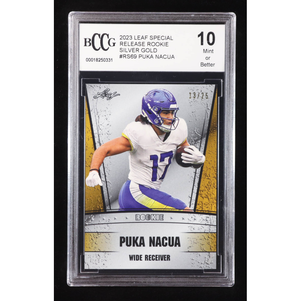 Puka Nacua 2023 Leaf Special Release Rookie Silver Gold #RS69 RC #13/25 (BCCG 10) at PristineAuction.com