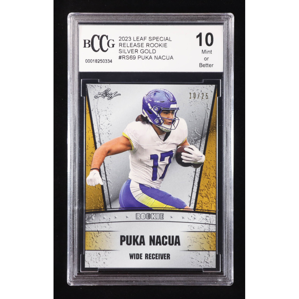 Puka Nacua 2023 Leaf Special Release Rookie Silver Gold #RS69 RC #10/25 (BCCG 10) at PristineAuction.com