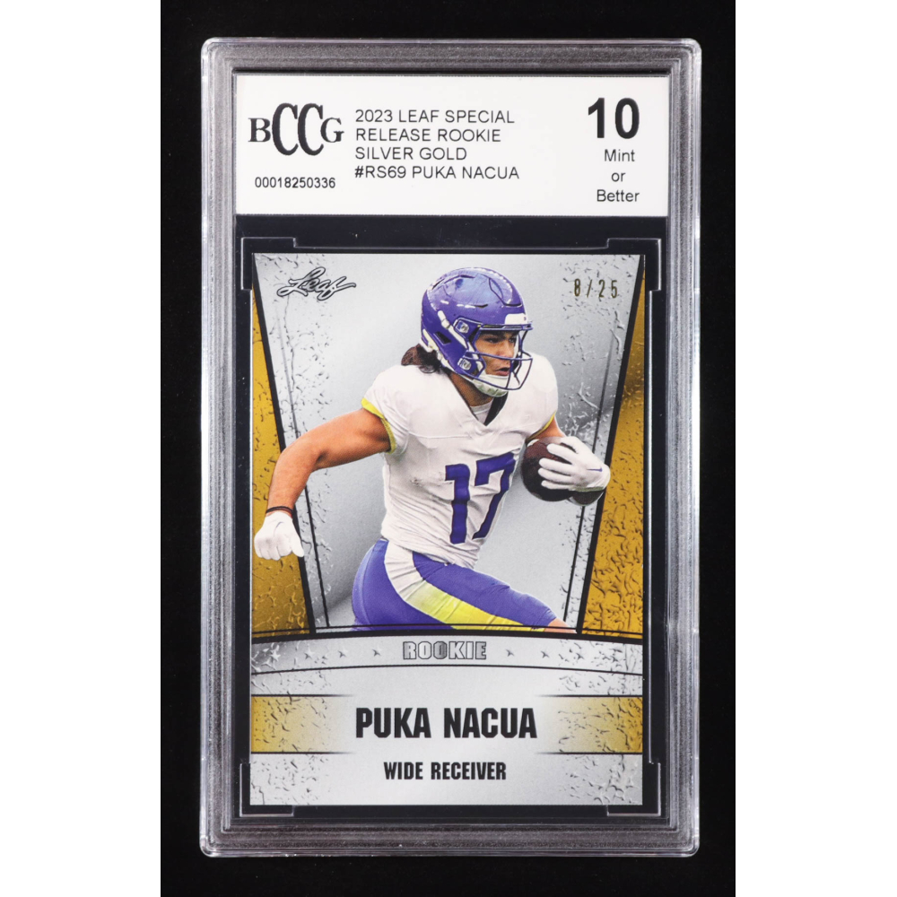 Puka Nacua 2023 Leaf Special Release Rookie Silver Gold #RS69 RC #8/25 (BCCG 10) at PristineAuction.com